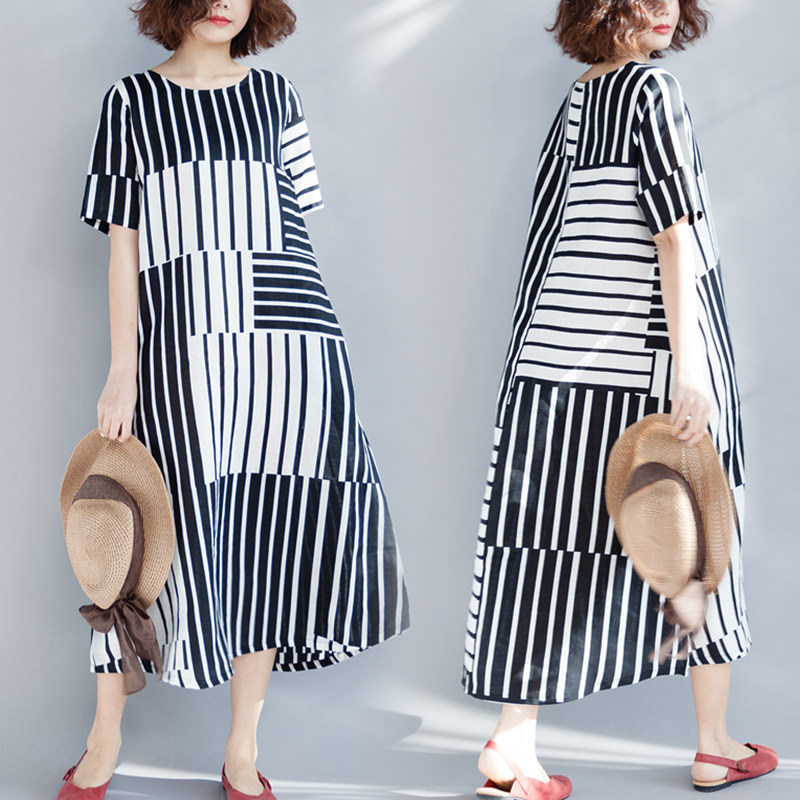 Belly Large Dress By age Western style Show thin Fat sister Summer wear 2019 Korean Edition Retro stripe Long skirtsin the Women's clothing/Boutique , Large size women  category - from Buy2taobao.com to provide professional Taobao agent buy service