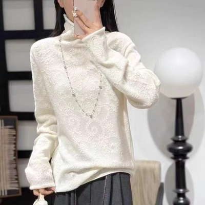 100%山羊绒针毛衣时尚高领钩花针织衫打底衫女欧洲站2025秋季新款