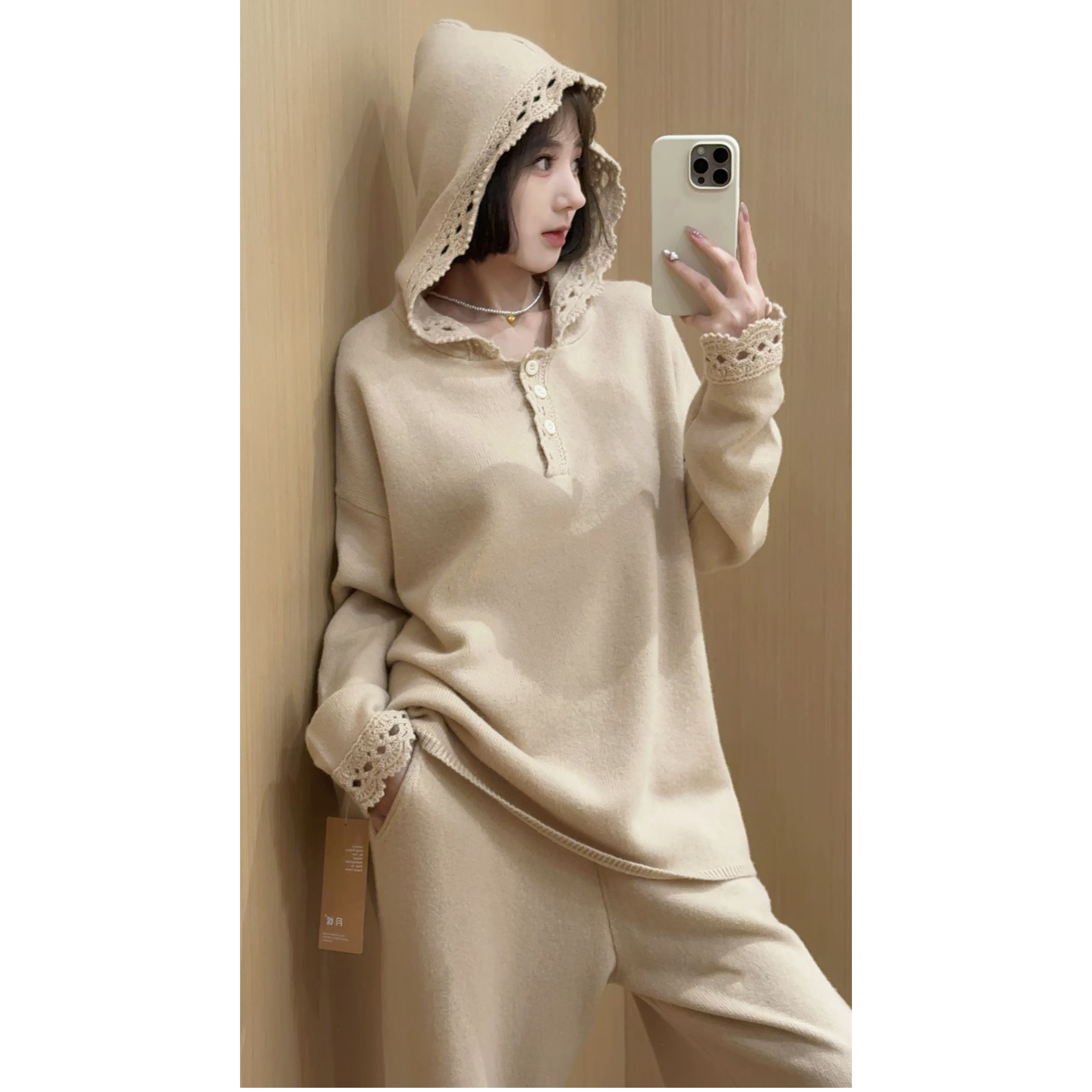 100%山羊绒毛衣欧洲站2025秋季新款欧货时尚勾花镂空连帽针织衫女