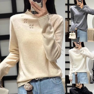 100%山羊绒毛衣欧洲站2025冬装新款时尚花朵镂空立领打底针织衫女