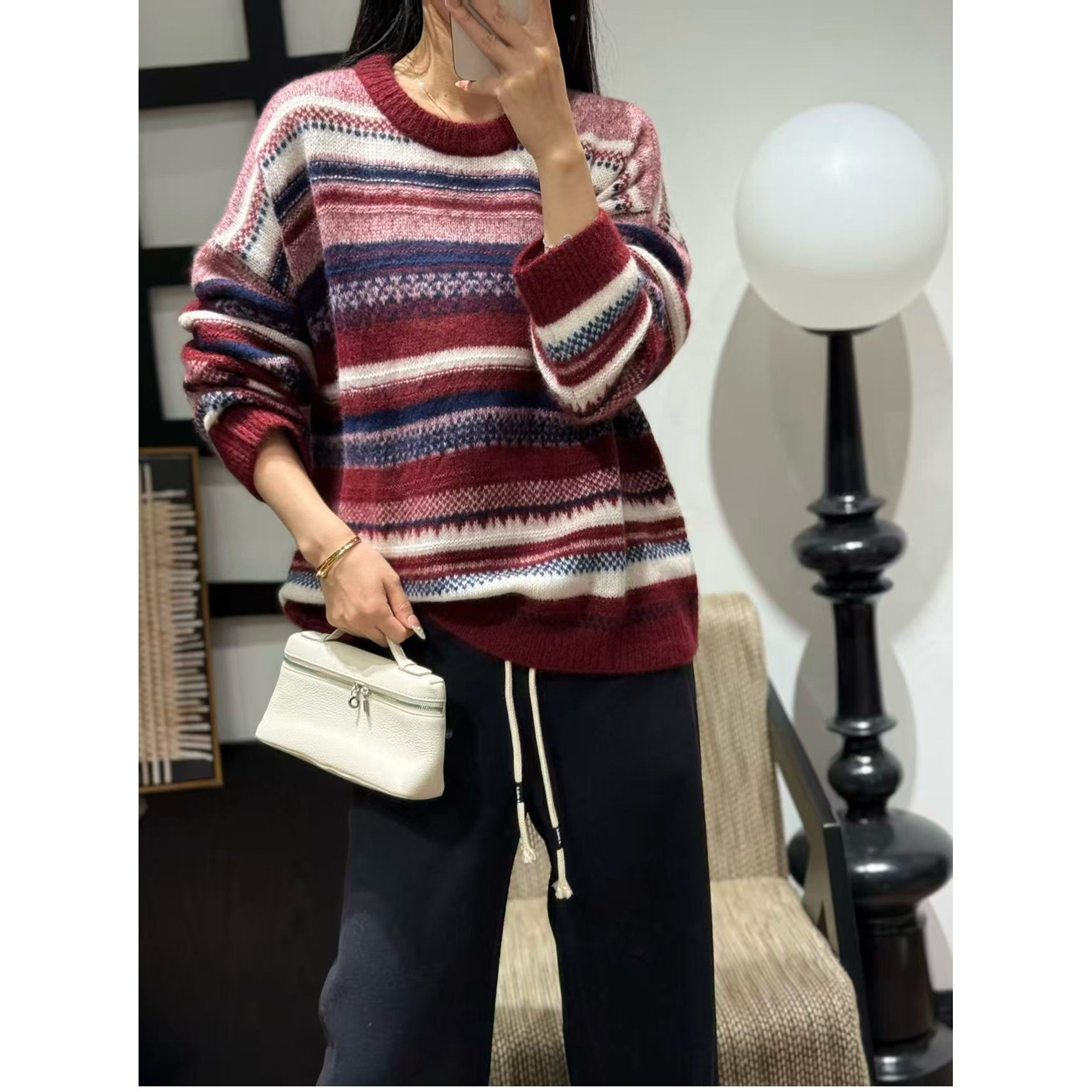 100%山羊绒毛衣欧洲站2025秋季新款欧货时尚复古撞色条纹针织衫女,女装/女士精品,羊绒衫,淘宝优惠券,粉丝福利购,淘宝优惠卷