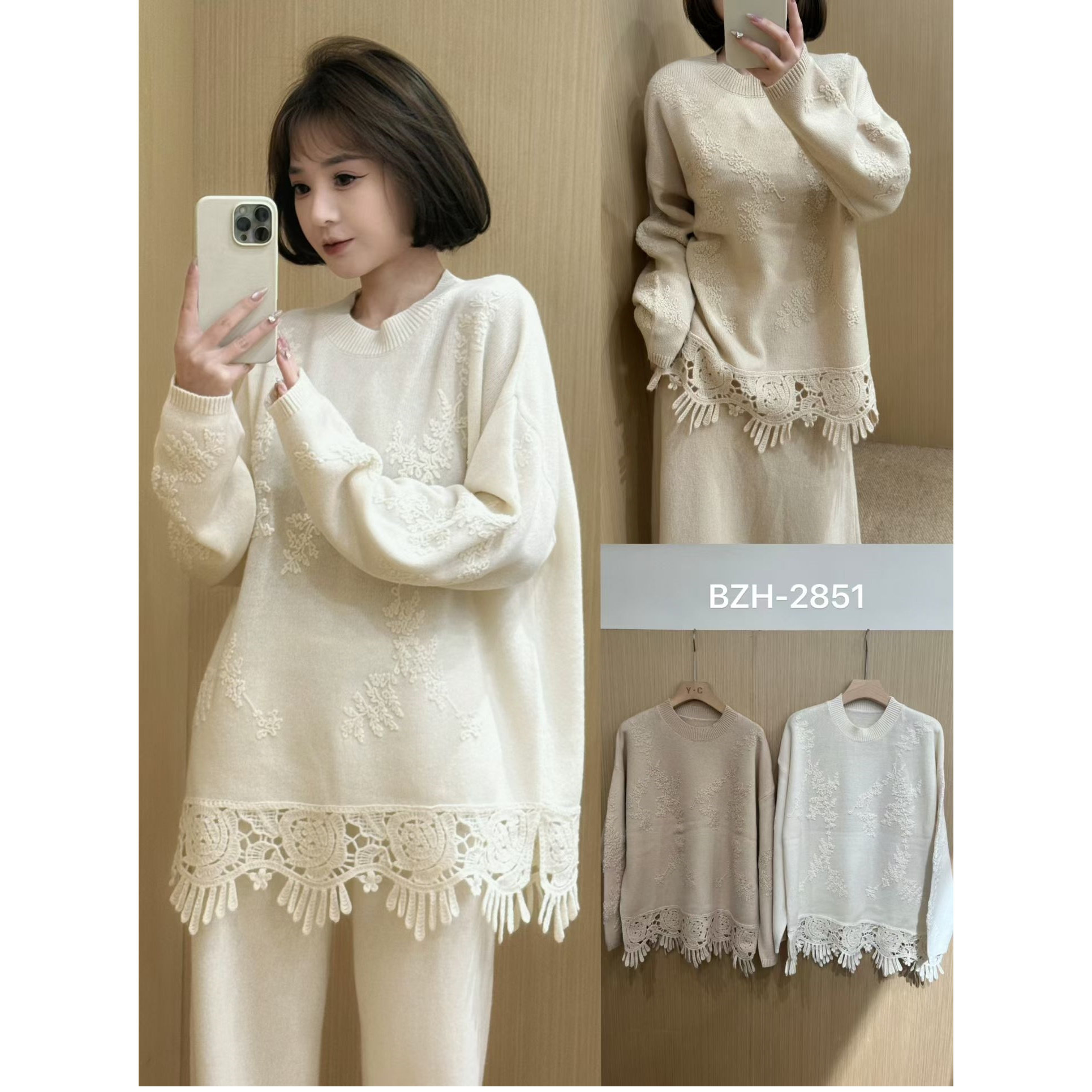 100%山羊绒毛衣欧洲站2025冬装新款宽松刺绣勾花镂空圆领针织衫女