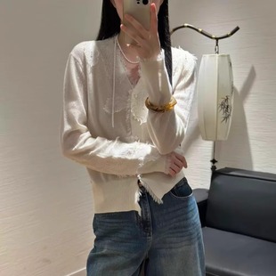 100%山羊绒毛衣欧洲站2025秋季新款重工蕾丝亮片V领羊毛针织开衫