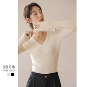 上衣打底衫 v领针织衫 弹力长袖 洋气修身 女内搭套头毛衣 女2025秋装