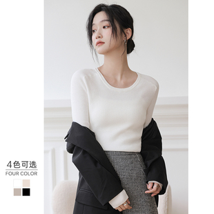 短款圆领毛衣女2025秋冬新款白色内搭长袖黑色打底衫