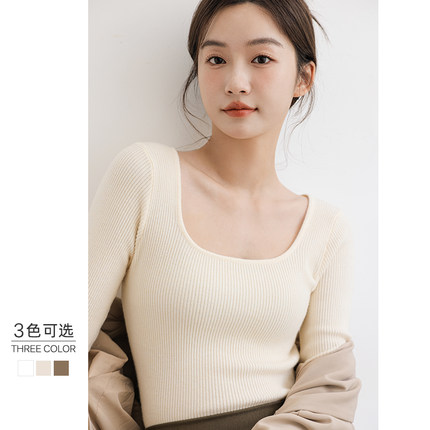 方领毛衣女2025秋冬新款长袖短款修身内搭套头黑色打底针织衫上衣
