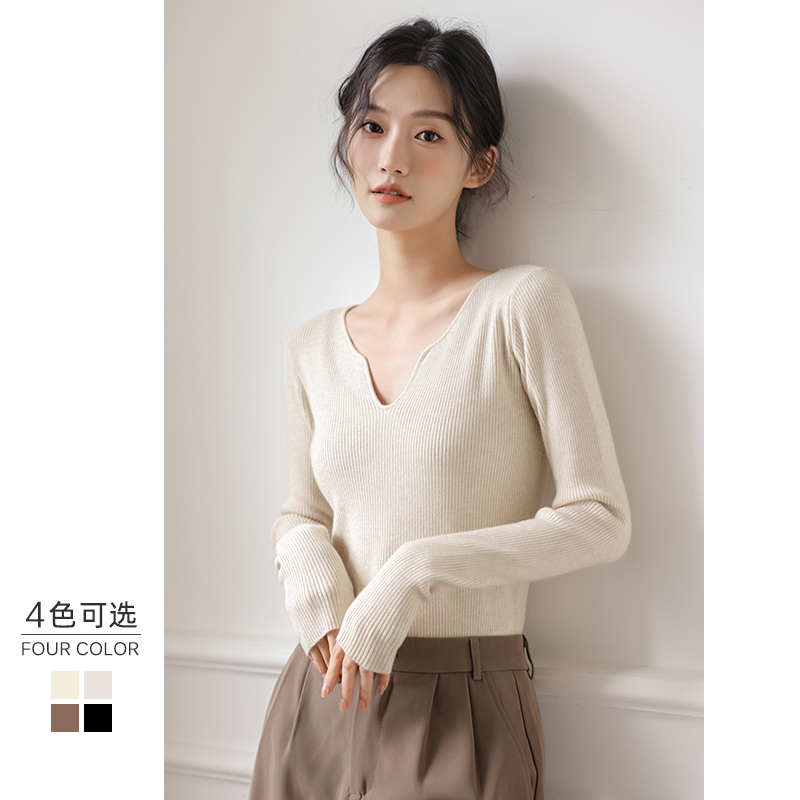 素岸V领修身显瘦毛针织衫