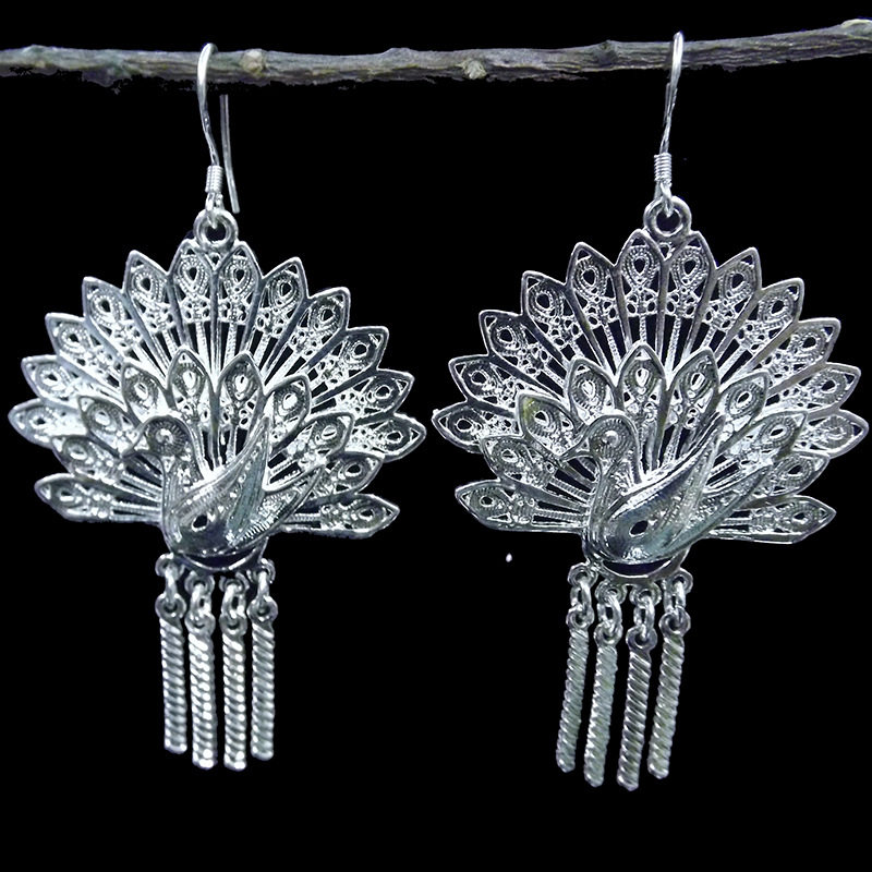 新款民族风孔雀造型耳环 925银耳钩苗流苏耳坠
