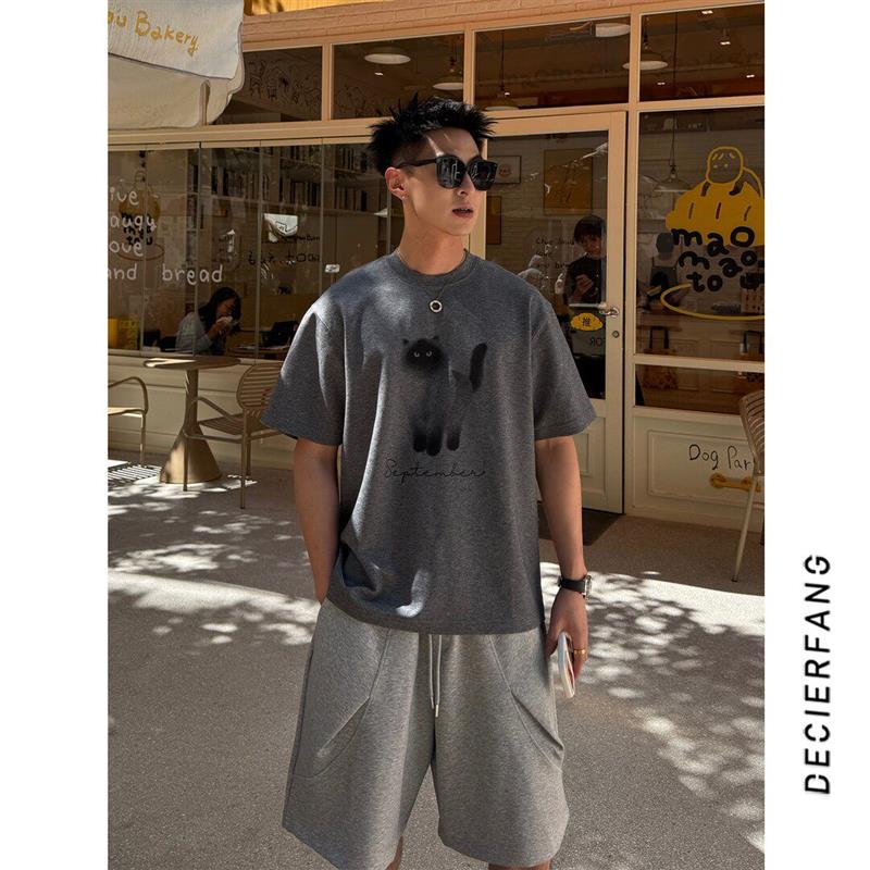 DF男装线上店26ss情侣款夏季凉感宽松短袖T恤小猫图案圆领半袖短