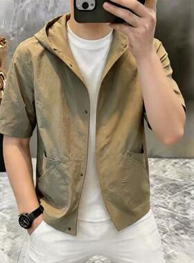 月光潮男服饰连帽短袖外套男春秋肌理感口袋设计宽松上衣T恤s322