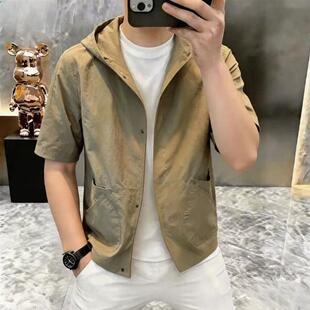 月光潮男服饰连帽短袖外套男春秋肌理感口袋设计宽松上衣T恤s322