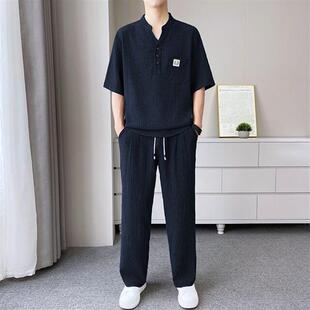 万家国风男士夏季短袖休闲套装宽松V领上衣长裤两件套时尚爸爸装