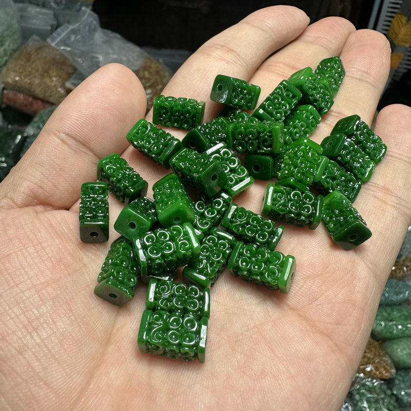 帝王绿满色防干青铁龙生翡翠如意雕花纹长型散珠diy配饰配件批发图片