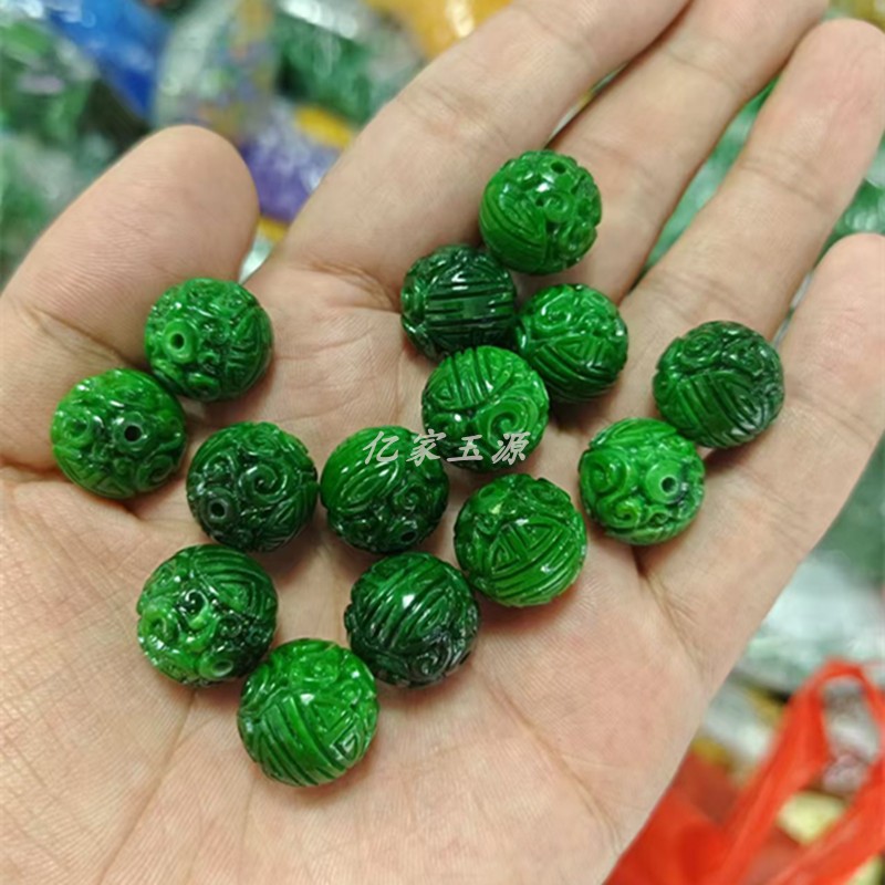 翡翠干青铁龙生祖母绿雕花龙珠圆珠散珠手链项链diy配件饰品串珠