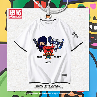 荒野乱斗BrawlStars宙斯红拇指周边假两件短袖男女夏季宽松T恤衫