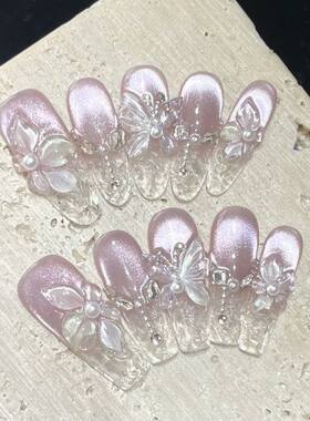 Spring 3D Bauhinia Flower Handmade Press On Nails Glitter Pu