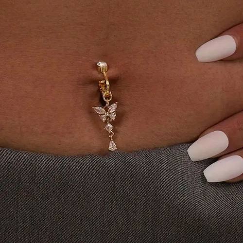 Faux Fake Belly Piercing Butterfly Leaves Dangling Long Fake
