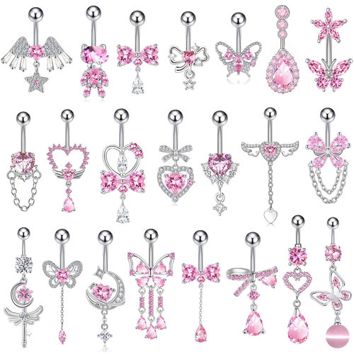 Belly Button Ring Pink Copper Inlaid Zircon Butterfly Love B