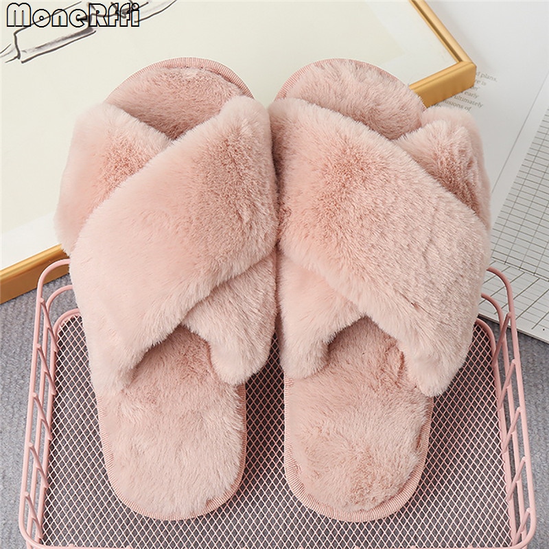 Winter Slippers Women Fashion Cross Fluffy Fur Slipper Home