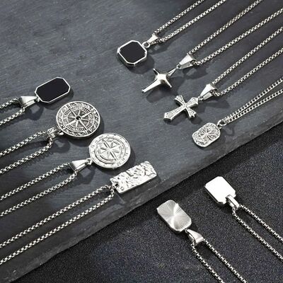Men's Silver Color Geometric Pendant Necklace, Non Fading St