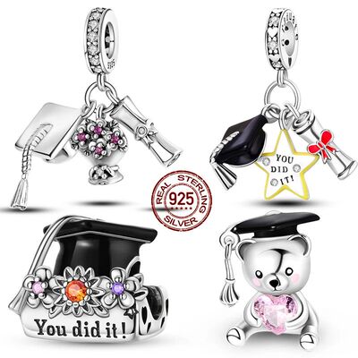 925 Sterling Silver Charms Bachelor's Cap Graduate Beads Pen