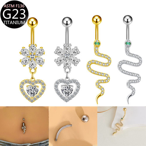 Titanium Alloy Zircon Peach Heart Snake Belly Button Ring Ma