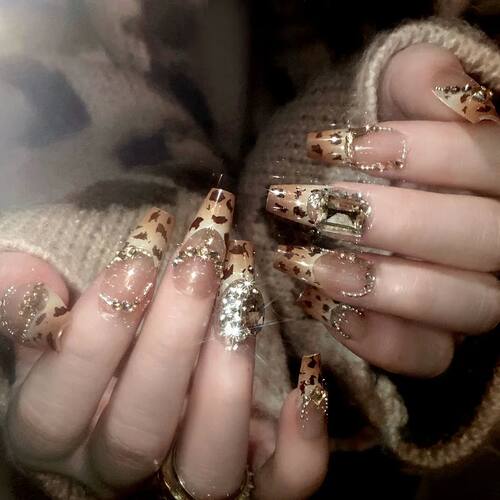 24pcs Autumn Leopard Pattern Fake Nail Tips Shiny Large Crys