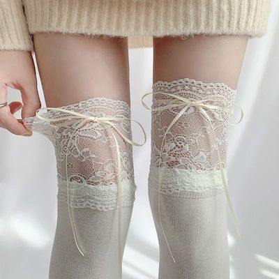 1pairs White Lace Lace Tied Ribbon Velvet Over Knee Socks Lo