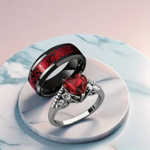 Goth Romantic Inlay Red Crystal Zircon Heart Shape Double Dr