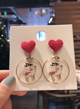 Christmas Red Love Heart Deer Elk Stud Earrings For Women Ro