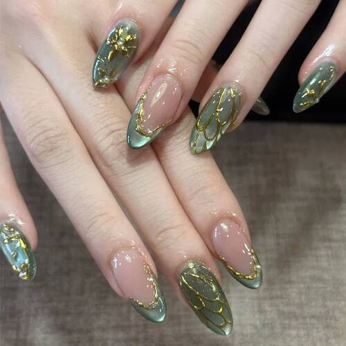 24pcs Glitter Cat Eye Fake Nails Medium Almond False Nails G