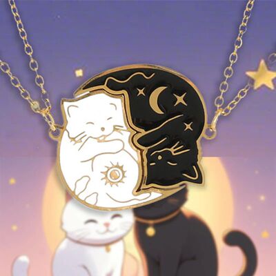 2Pcs Stainless Steel Black White Cat Necklace Love Embrace C