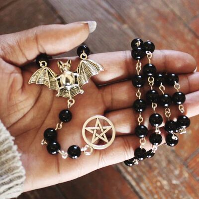 Fashion Black Rosary Necklace, Gothic Bat Pendant Necklace,