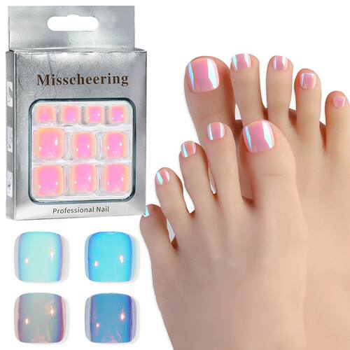 Blue and White Aurora Cat's Eye False Toenails Full Coverage