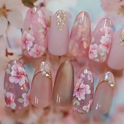 24Pcs Peach Blossom Press on Nails Cat's Eye Nude Glitter Fa