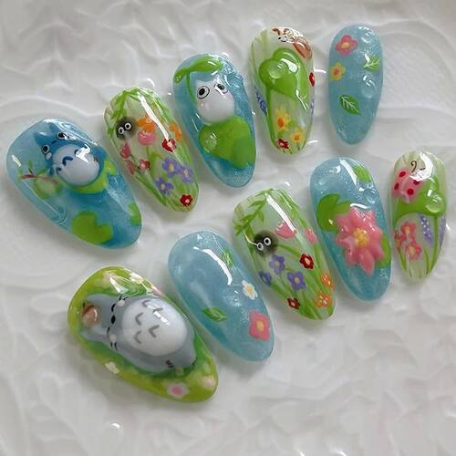 24PCS Fresh Green Almond False Nails with Glue Cartoon Anime
