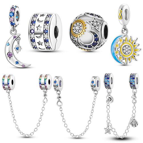 Silver Plated Colorful Glowing Moon Stars Rainbow Dangle Cha