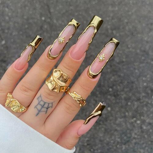 24Pcs Gold French Border False Nails Long Coffin False Nails