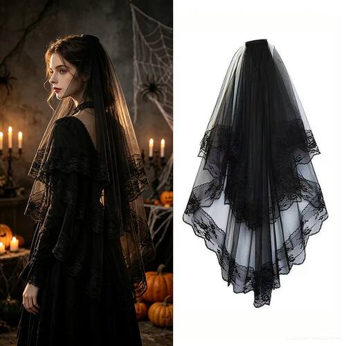 1PC Halloween Gothic Black Lace Two-Tier Veil with Comb Brid