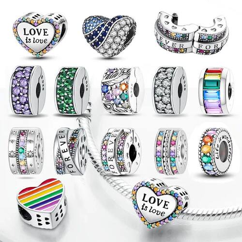 Real Silver 925 Clip Charms Heart Beads Stopper Safety Chain