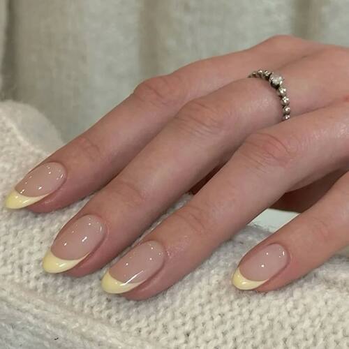 Simple French Yellow Almond Fake Nails Art Stiletto False Na