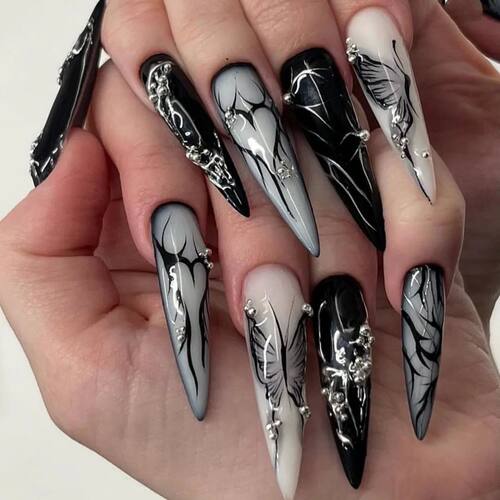 24Pcs Black Y2k Fake Nails with Diamond Halloween Long Almon