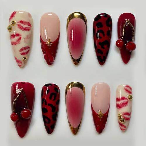 24pcs Red Almond False Nails Art Pearl Cherry Design Stick o