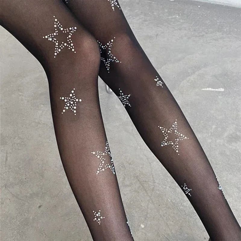 Y2k Star Diamond Rhinestone Fishnet Sexy Women Pantyhose Thi
