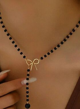 Imitation Pearl Tassel Necklace for Women Black White Color