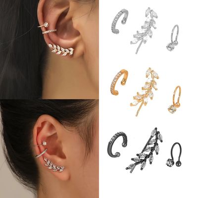 White Gold Color Zircon Leaves Clip Earrings for Women Men C