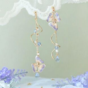 Korean Flower Asymmetrical Dangle Earrings for Women Long Ta