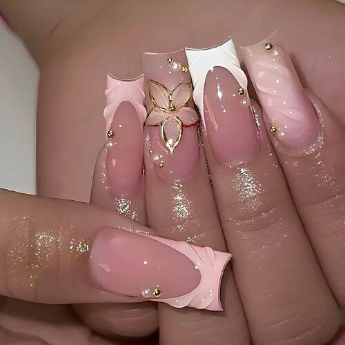 24pcs Mid-length Press on Nails Sets Pink French Full Cover