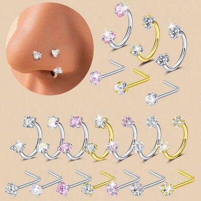 6/2pcs Horseshoe Nose Rings With L-Shape Nose Stud, Stainles