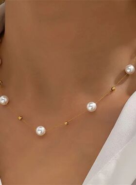 Simple Pearl Beads Chic Exquisite Necklace Gold Color Thin C